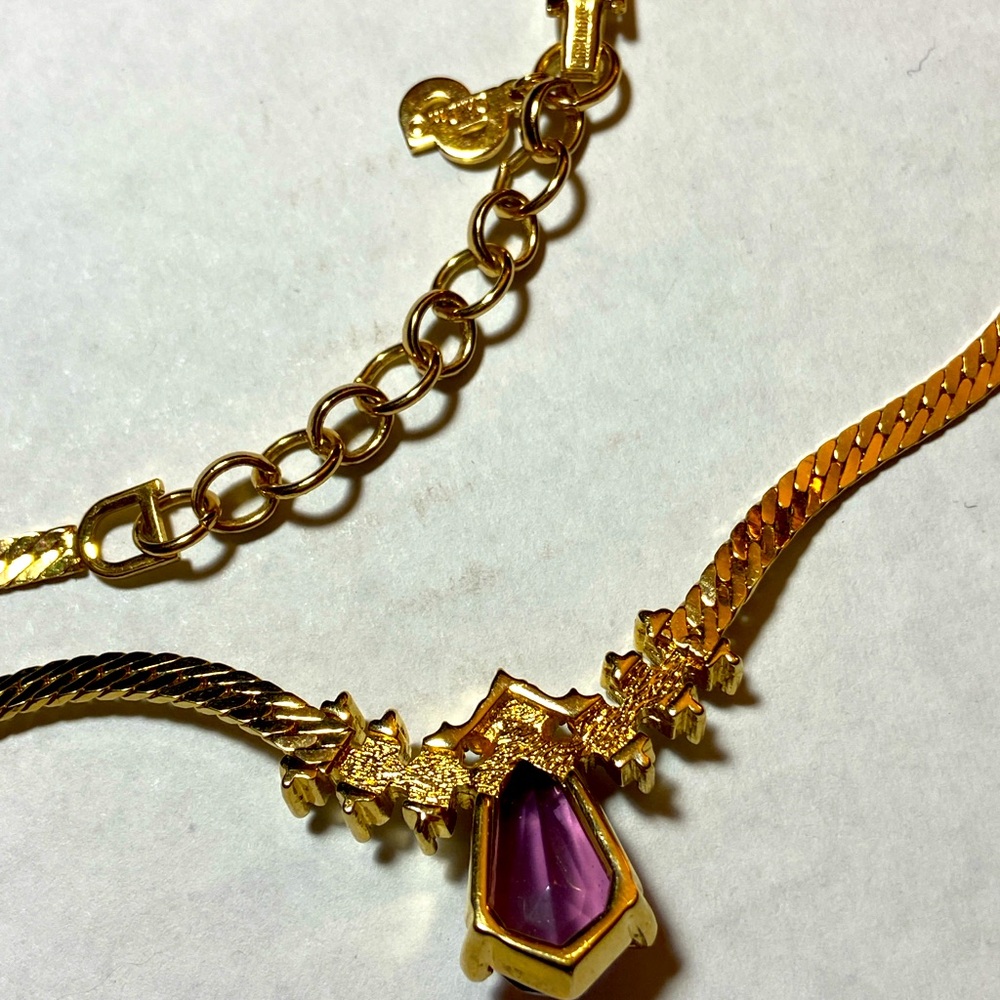 Christian Dior Purple Amethyst/Clear Rhinestone Flat Gold Chain Necklace Logo - Picture 5 of 8